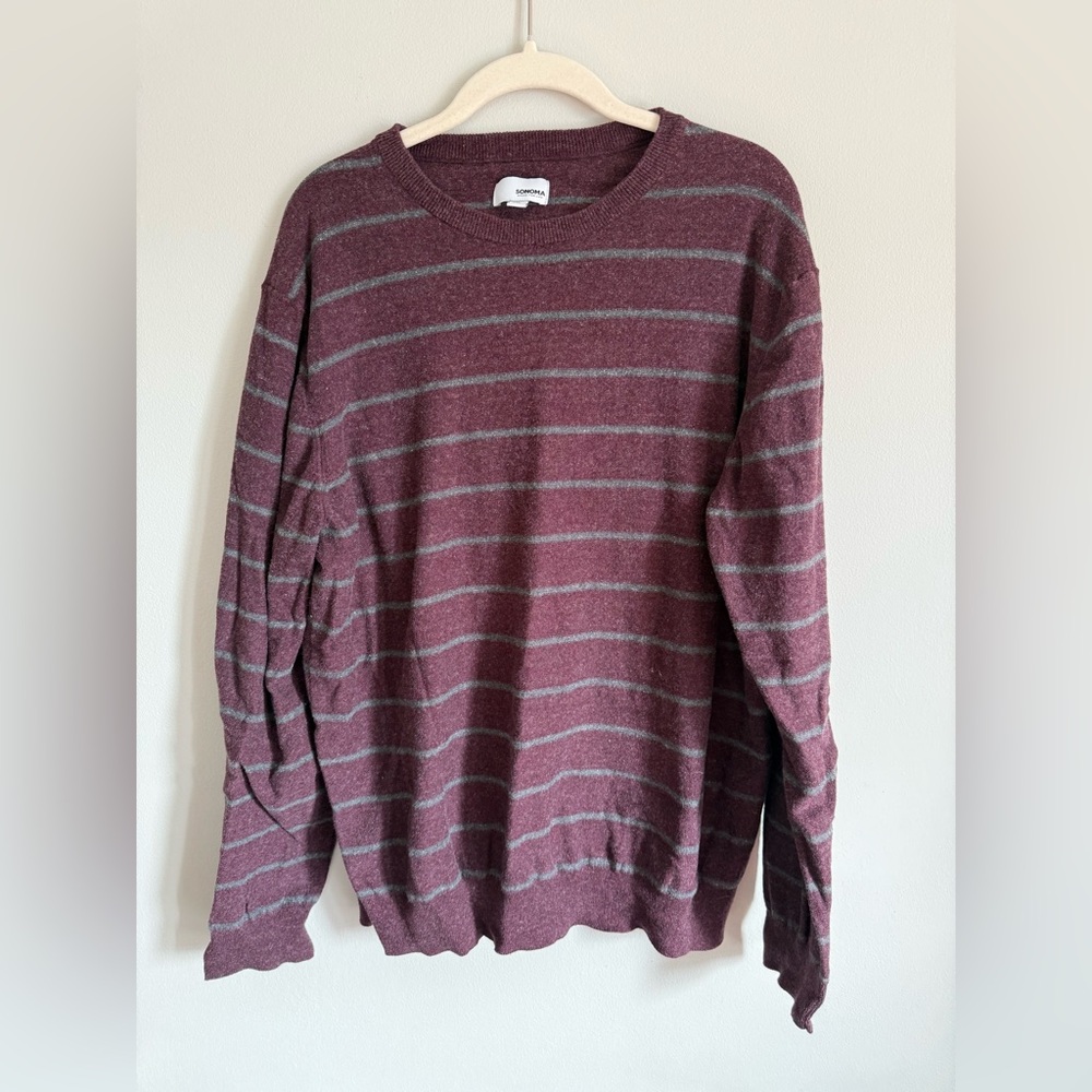 Sonoma Men's Crewneck Sweater - Maroon and Gray Stripes